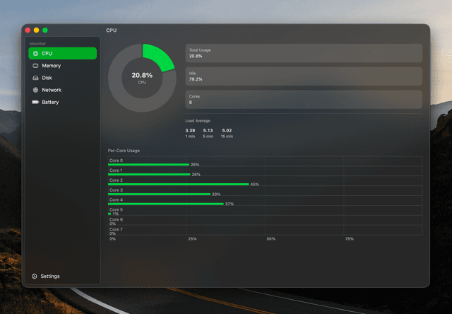 Mactor running on macOS, showing the CPU dashboard with a usage donut and per-core bar chart